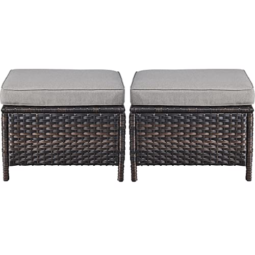 Outdoor Furniture Ottoman Set of 2 Patio Seating Footstool All-weather Rattan Wicker Ottoman Seat with Soft Cushions for Patio Furniture Set