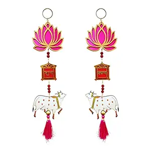 Shubhanjali Lotus Cow Door Hanging for Diwali Decoration Ganpati Decoration Items for Home MDF Floral Lotus Wall Hangings for Home Decoration Main Door Entrance Mandir Pooja Decoration Items 1 Pair