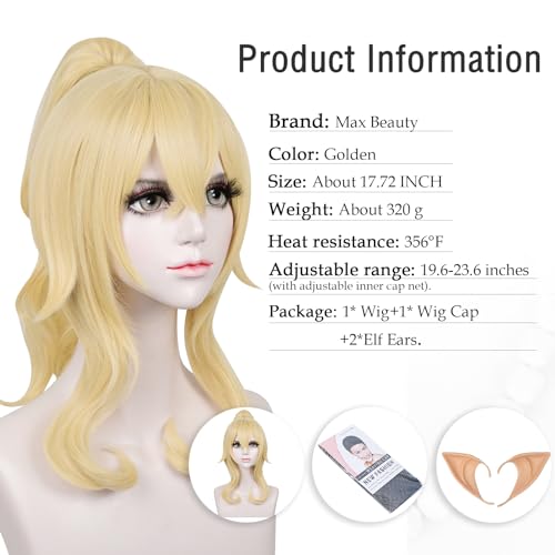 Image of LABEAUTE Blonde Ponytail Cosplay Wig for Jean, Golden Princess Wavy Hair with Pigtails Bangs + Wig Cap for Halloween Peach Costume