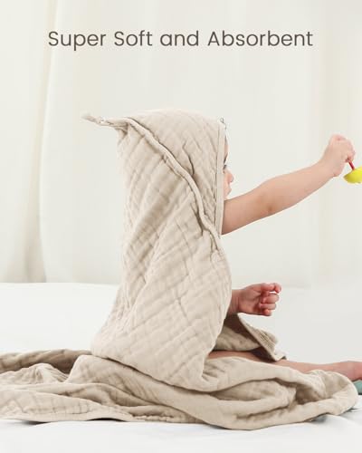 Image of Newborn Hooded Baby Towels, 35x35 Inch 2 Pack 100% Muslin Cotton Baby Bath Towel, Soft Baby Beach Towels with Hood for Infants, Toddlers and Kids, (White + Beige)