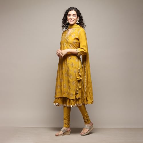 Image of BIBA Women Silk Layered Kurta Churidar Suit Set