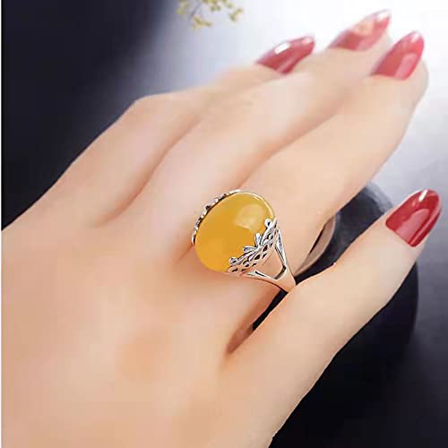 Izpack Chalcedony Open Statement Ring For Women Girls Gemstone Adjustable Stacking Wedding Anniversary Eternity Finger Bands Vintage Jewelry Gifts Birthday Valentine's Day (Yellow) #TOP1