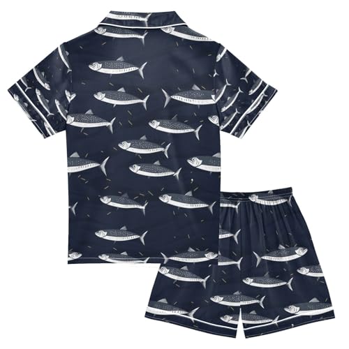senya Sharks Black Satin Summer Pajama Sets Silk Short Sleeve Button Down Sleepwear2