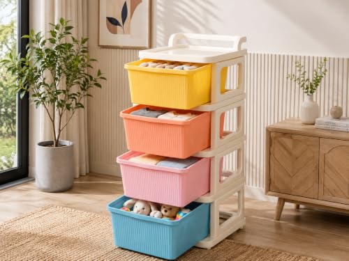 Image of Heavy Duty Plastic Storage Drawer with Wheels | Modular Cabinet for Bedroom, Office, Home or Classroom| Chest of Drawers Organiser for Cosmetics, Kitchen items, Toys (Multicolor, 4)