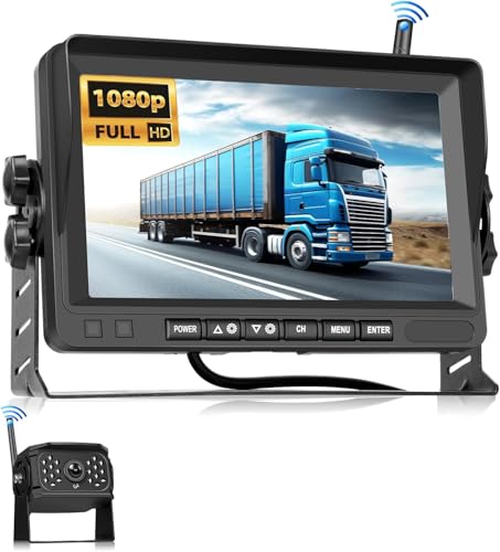 VECHTEL Telecamera Retromarcia Wireless 1080P, kit Monitor con Schermo IPS da 7 Pollici per Camion, Autobus, Furgoni, Camper, Pickup, Impermeabile IP68, Visione Notturna, Linee Guida DIY