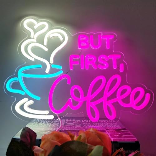 Image of But First Coffee Neon Sign Large 5V USB Powered Acrylic Neon Lights with Dimmable Switch and Hanging Chain for Coffee Cafe Bar Party Living Room Sign Gifts 14 * 11.3inch(Pink)