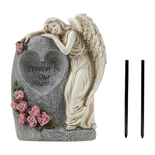 F Fityle Statua da Giardino Solare Scultura Decorativa Figurina di Angelo Resina Cimitero Decorazione Tomba Figurina da Esterno Luce per Prato da Patio, Beige