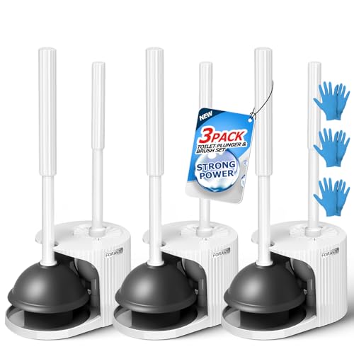 FORASTO 3Pack 2 in 1 Toilet Brush and Plunger Set, Extended Handle Plunger,Toilet Bowl Brush Plunger Set,Bathroom Cleaning Tools,Toilet Brush Plunger Combo,Cleaning Brush,Cleaning Supplies, White