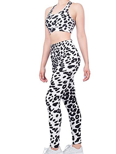 MixMatchy Women s Two Piece Gym Yoga Racerback Sports Bra with Slim Fit Legging Active Set Animal White SM