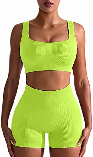 OQQ Workout Outfits for Women 2 Piece Seamless Ribbed High Waist Leggings with Sports Bra Exercise Set Grassgreen