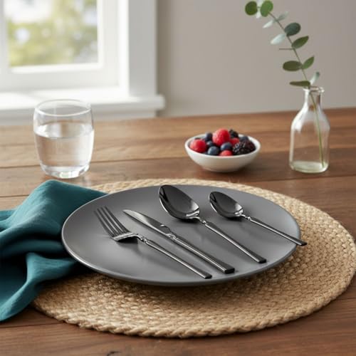 Image of 12 Pcs Black Slim Handle Stainless Steel Cutlery Set for Dining Table with Spoons and Forks Set + Butterknives - The Perfect Tableware /Flatware