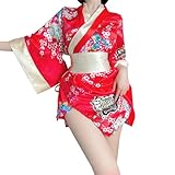 SIQITECHNO Womens Floral Kimono Bathrobe Mini Dress Nightgown Nightwear Japanese Short Yukata Sleepwear Outfit Belt Lingerie