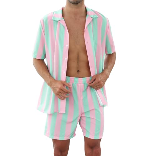 color cosplayer Mens Costumes Adults Cosplay Hawaiian Shirt Mens Shorts Beach Striped shirts Sets Vacation Outfits