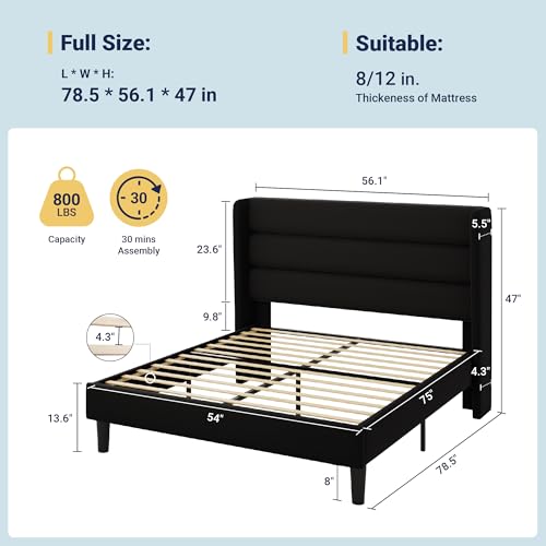 Image of Allewie Full Size Platform Bed Frame with Velvet Upholstered Wingback Headboard, No Box Spring Needed, Under Bed Storage Space, Strong Wooden Slats, Modern Mattress Foundation, Easy Assembly, Black