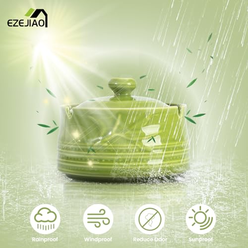 EZEJIAO Outdoor Ashtray, Cute Ashtray with Lid Ceramic Smokeless Ashtray Indoor with Bamboo Pattern, Cigarette Ashtray for Outside Patio Unique Windproof Ashtray for Desktop, Home and Office