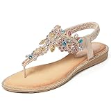 iCKER Women Rhinestone Sandals T-Strap Buckle Bohemian Pearl Crystal Flat Sandals-PD01-Gold-10