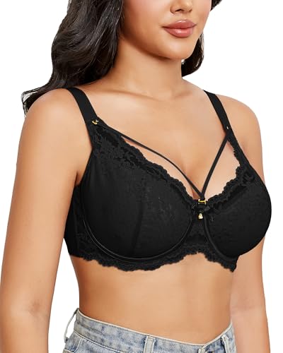 Svmer Women Sexy Lace Bras Plus Size Push Up Ladies Full Cup Comfort Bra All Black 42DD