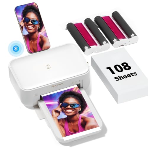 Image of iDPRT 4x6 Photo Printer, Portable Color Picture Printer, Thermal Sublimation Mini Picture Printer, Bundle 108 Sheets Photo Paper & 2 Ribbon Cassette, Photo Printer for iPhone & Android, White