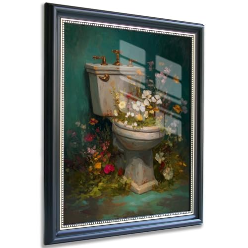 Framed Floral Toilet Wall Art, Vintage Bathroom Bouquet Canvas Print,