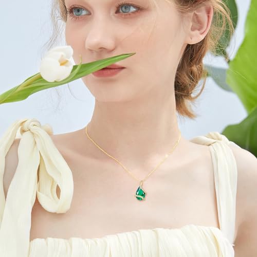 Solid 14K Gold Pear Shaped Birthstone Necklace for Women, 4 Carat Teardrop Created Gemstone Pendant Necklaces Fine Jewelry Gifts for Mom Nana Mother's Day Birthday Christmas, 16"+2"4