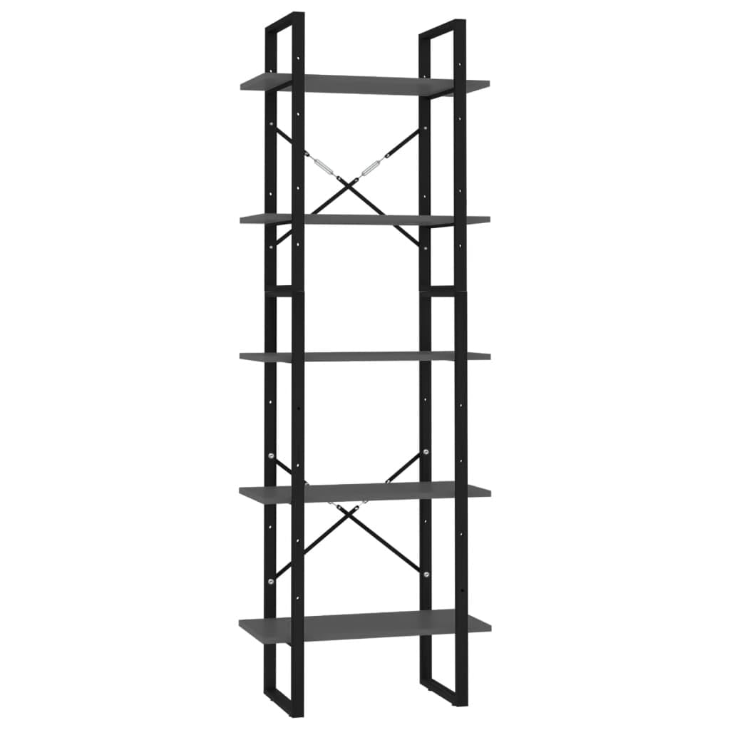 Estantería gris con 5 compartimentos, 60 x 30 x 175 cm, madera y marco de metal, juego de 2 estantes, diseño alto y bajo, espacio de almacenamiento versátil para salón, oficina y dormitorio
