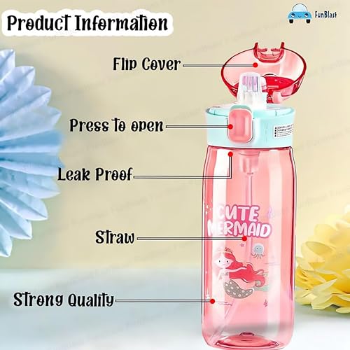 Image of FunBlast Cute Water Bottle for Girls - Anti-leak Cartoon Sipper for Kids (630 ML) (Mermaid) - Tritan, Pack of 1, Multicolor