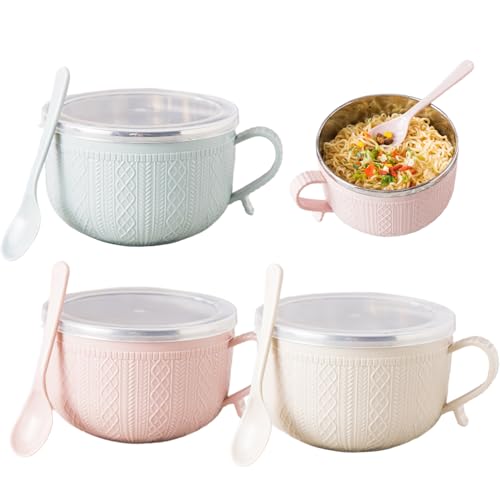 Muzrunq Juego de Tazas de Sopa de 3 tazones de Cereales de Acero Inoxidable con Tapas, Tazas de Sopa de Calidad alimentaria con Cuchara y asa para Viajes Escolares en casa, Oficina.