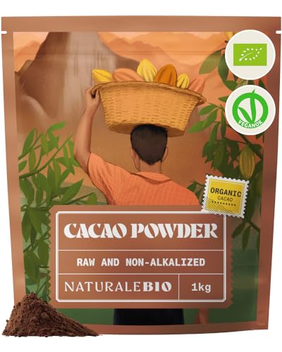 NaturaleBio Organic Cacao Powder 1kg. Unsweetened Natural and Pure. Produced from Raw Cacao Beans of The Theobroma Plant. Source of Magnesium Manganese and Phosphorus. Tested for Heavy Metals