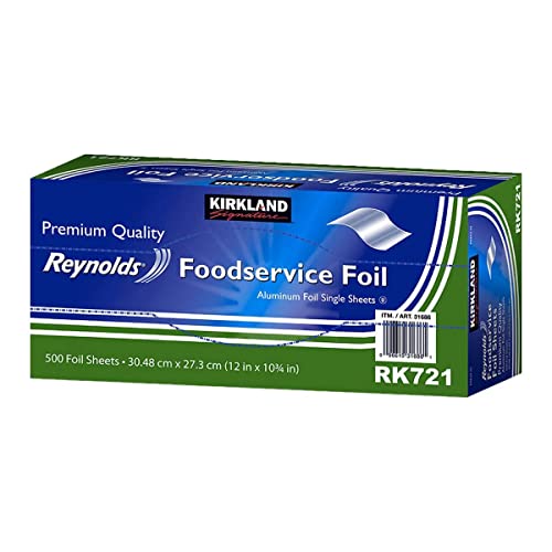 Kirkland Signature Aluminum Foil Single Sheets - Food Service foil sheets - Pre-Cut Pop-Up Aluminum Foil Sheets Country of Origin United States - 1 Pack (500 Sheets. 30.48 cm x 27.3 cm Each)
