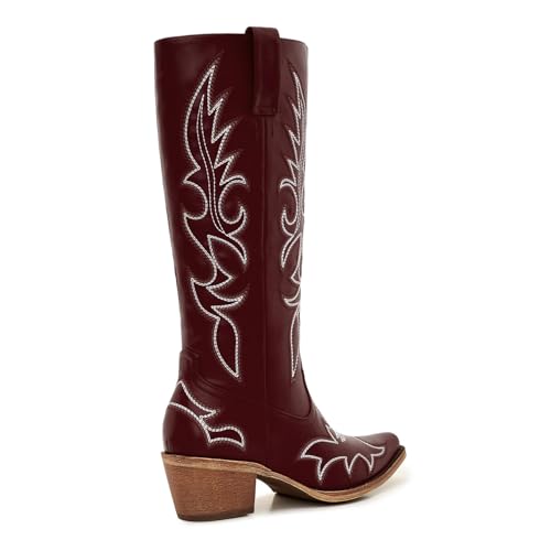 Image of Uillnoodu Women's Turquoise Cowgirl Boots - Wide Calf Mid Calf Western Boots Plus Size Embroidered Cowboy Style with Block Heel