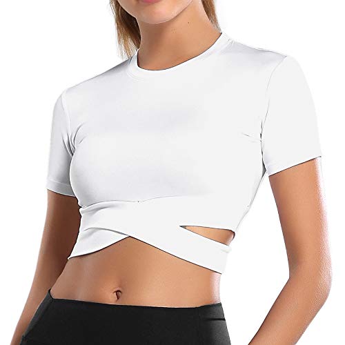 OEAK Camiseta de Manga Larga/Manga Corta para Mujer Camiseta Deportiva para Correr Camiseta Deportiva Ropa de Gimnasia,para Yoga, Fitness, Entrenamiento,Manga Corta Blanca,L Cover
