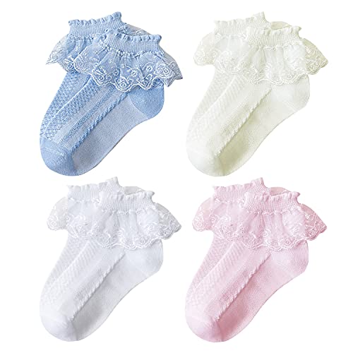 XPXGMT Paquete de 4 calcetines de encaje con volantes para niñas y niñas, Multicolor, 1-3 Años Cover