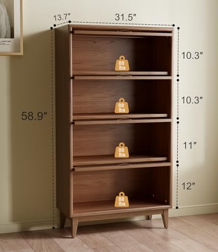 Image of Solid Wood Book Case 4Tier Bookshelves with Tempered Glass Flip-Up Doors Brown Finish Adjustable laminate, Bookshelf Versatile Pantry Cabinet with Storage Home Office (Original Wood D14xW32xH60 inch)