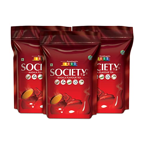 Image of Society Masala Chai - Five-Spice Indian Masala Tea, Real Cardamom Ginger Clove Black Pepper Lemongrass Blended Into Assam CTC, Hasmukhrai & Co. Since 1924 | 250 g Pouch | No Flavouring