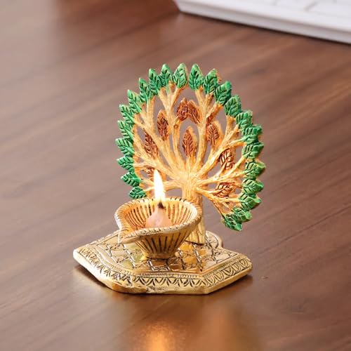 Image of KridayKraft Exquisite Diya Figure Decorative Showpiece - Traditional Handcrafted Home Decor Accent for Festive Celebrations, Pooja Room, Temple, Office, and Living Space, Elegant Art (Golden)