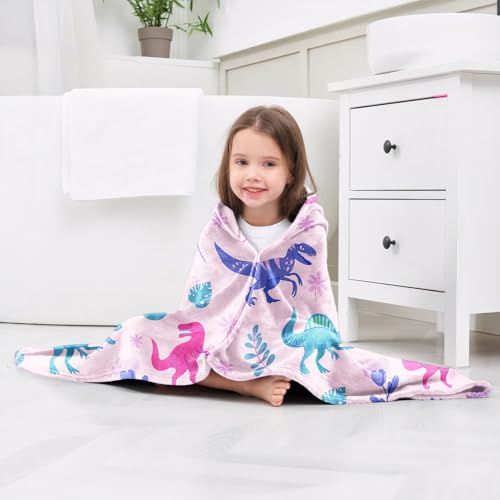 Image of Dinosaur Girls Beach Towel with Hoodie for Kids Toddlers Age 4-8, Pink Bath Towels Shower Wrap for Girls, Hooded Poncho Beach Blanket for Pool Swimming Cute Wearable Bath Towel for Child