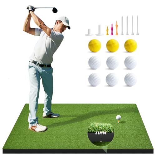Golf Hitting Mat, 5x4ft Artificial Golf Turf Practice Mat for Outdoor & Indoor Training, Thicken Golf Hitting Training Matt with 9 Balls 9 Tee for Backyard