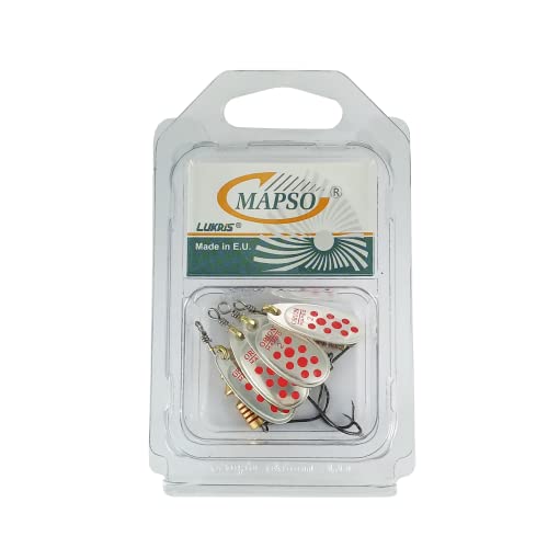 MAPSO - Blister 4 Cucharillas de Pesca Orión nº2 Plata roja con Anzuelo Simple sin Muerte, 4,5 GMS.