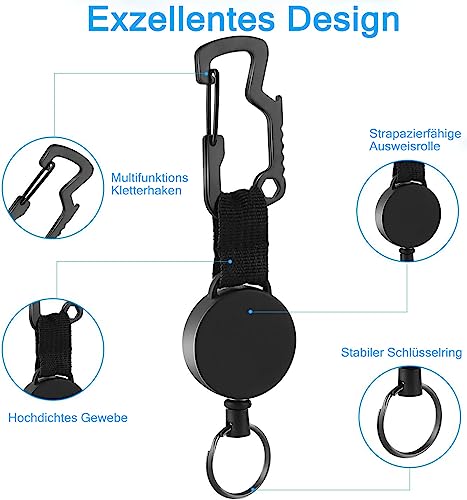 Schlüsselanhänger Ausziehbar, Einziehbarer SchlüSselband mit Multitool Karabiner, Ausweishalter JoJo mit Ausziehbar Stahlseilbis zu 63 cm, Schlüsselkette Schwarz 2 Stücke