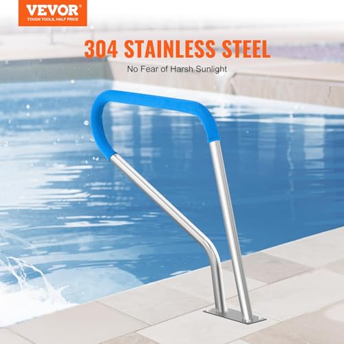 Image of VEVOR Pool Handrail, 39 x 32 inch Pool Railing, Stainless Steel with Base Plate for Indoor /Outdoor Pools,Swimming Pool Safety Railing for Decks,Rust-Proof Grab Bar w /Grip Cover&Accessories for Spas