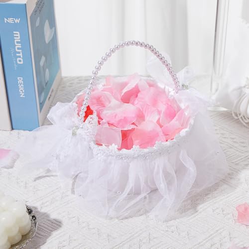 image for Yuudar Wedding Flower Girl Basket with Pearl Handle,Satin Flower Stora