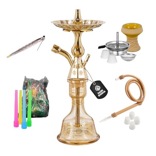Dark Shisha Chicha Traditionnelle Luna Ambrée 44,5 cm + 50 Embouts Jetables Colorés | Set Complet avec Tuyau Traditionnel, Foyer en Pierre, Cheminée, Pince...