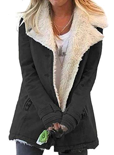 AlvaQ Women Sherpa Lined Mid-Length Denim Jacket Winter Cozy Wool Fux Coat Outwear Plus Size Black 2X