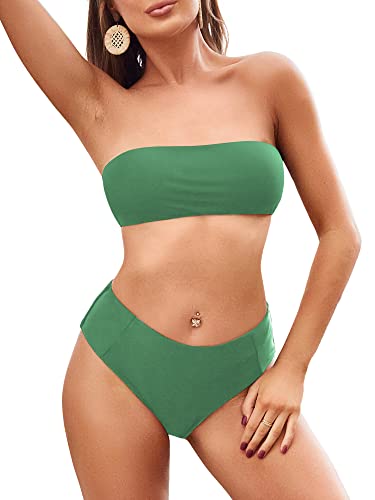 Image of ZAFUL Women's High Cut Bandeau Bikini Set Strapless Solid Color 2 Pieces Bathing Suit Swimsuit