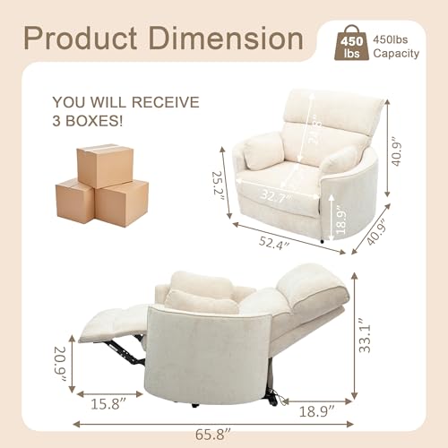 Image of 450lbs Oversized Power Recliner Chair for Big & Tall Adults, Extra Wide Electric Chair with USB & Type-C Ports, Chenille Single Sofa with Pillows for Living Room, Bedroom, Beige