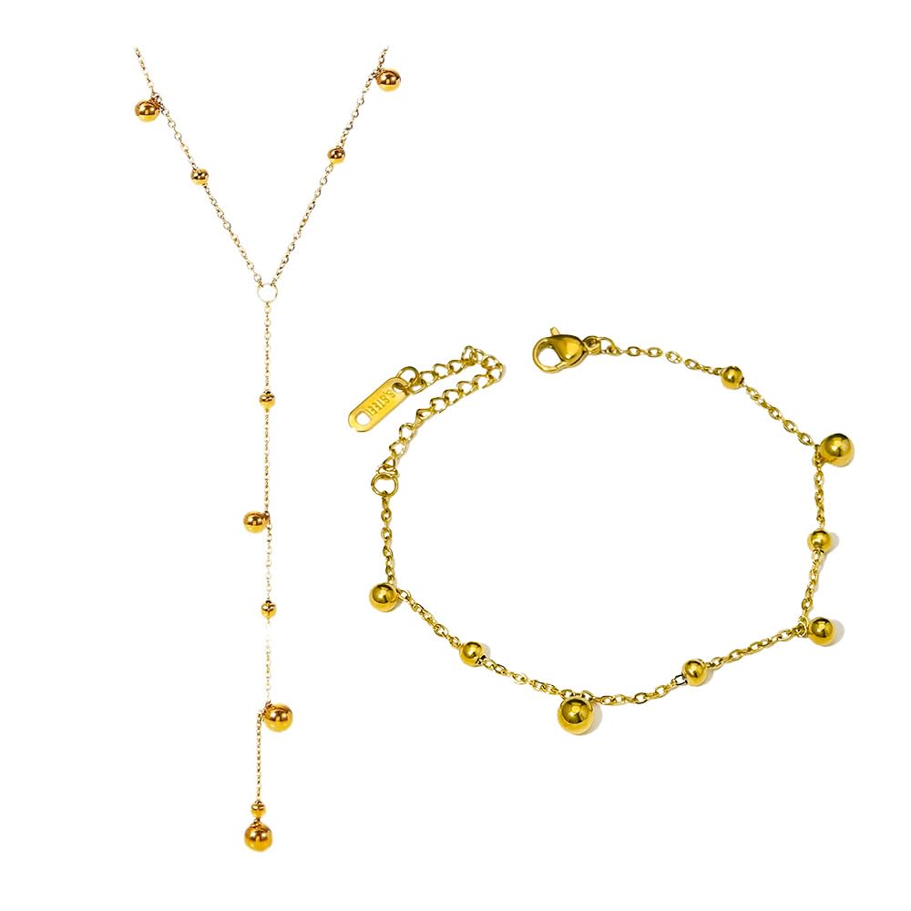 HSAJS Juegos de Joyas para Mujer 18ct Chapado en Oro Collar Largo con Colgante de Borlas Conjunto de Pulsera de Cuentas Regalo Presente para Mujer Niña Boda Novia y Dama de Honor