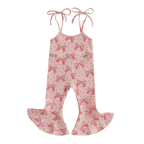 CHAUKAREAUL Toddler Girls Summer Overalls Bell Bottom Jumpsuit Bow Printed Sleeveless Tie-up Flare Pants Romper 6M-4T (Watermelon Red, 4-5T)