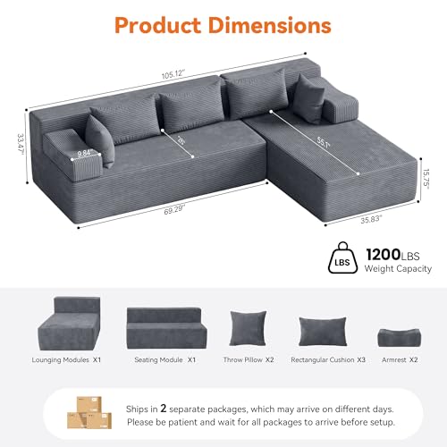 Image of MONVANE 106 inch Cloud Sectional Couch with L-Shaped Chaise, Modular Sectional Sofa with Deep Seat and Removable Armrests, Comfy Corduroy Boneless Couches for Living Room, No Assembly Required, Grey