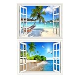 THNWSY 2pcs 3D Self-Adhesive Painting Fake Window Wall Stickers Tropical Island with Palm Trees Wall Mural Window View Wall Decor for Home (Palm Beach 1, 17.3'×27.6')