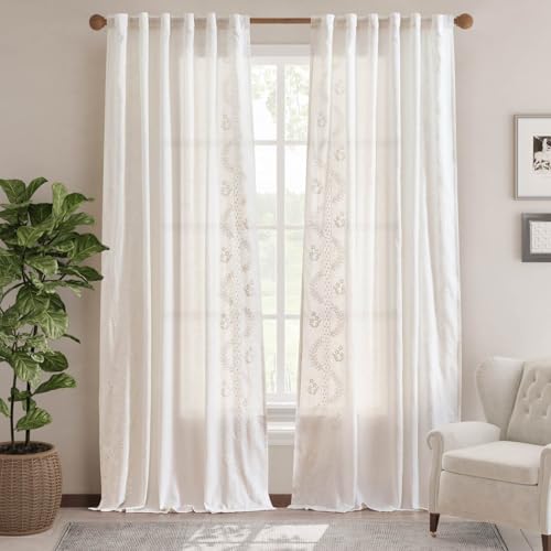 Image of jinchan Floral Linen Curtains 96 Inch Farmhouse Back Tab 2 Panels